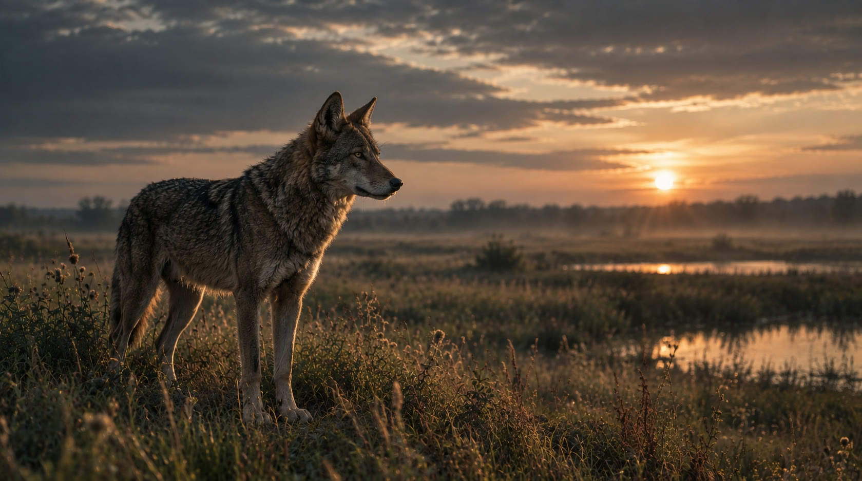 A red wolf standing in tall grass at sunrise, looking toward the horizon
